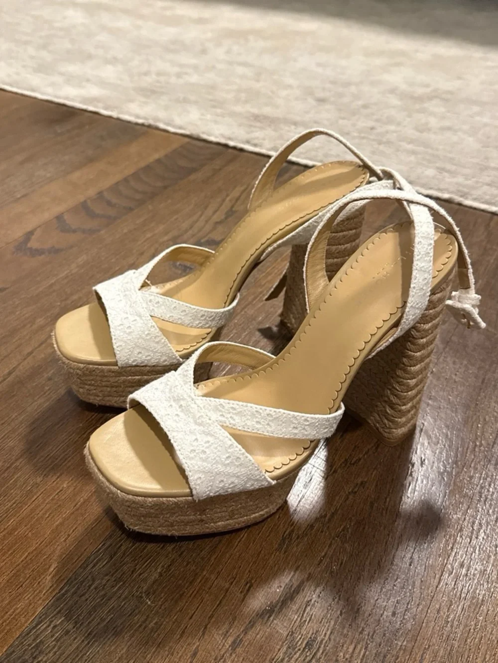 Hill House White Lace Crisscross Block Heel Sandals